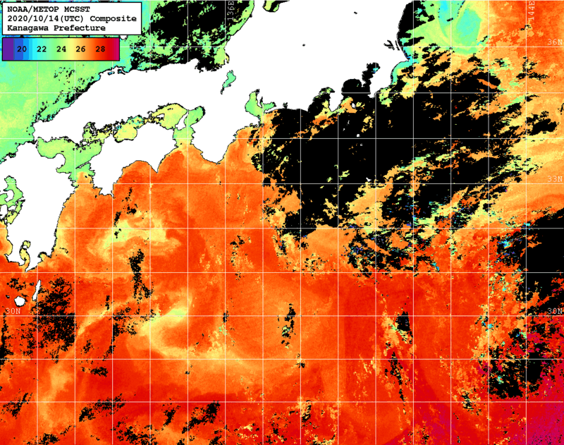NOAA、MetOp 人工衛星画像 検索結果, 水温分布を図示