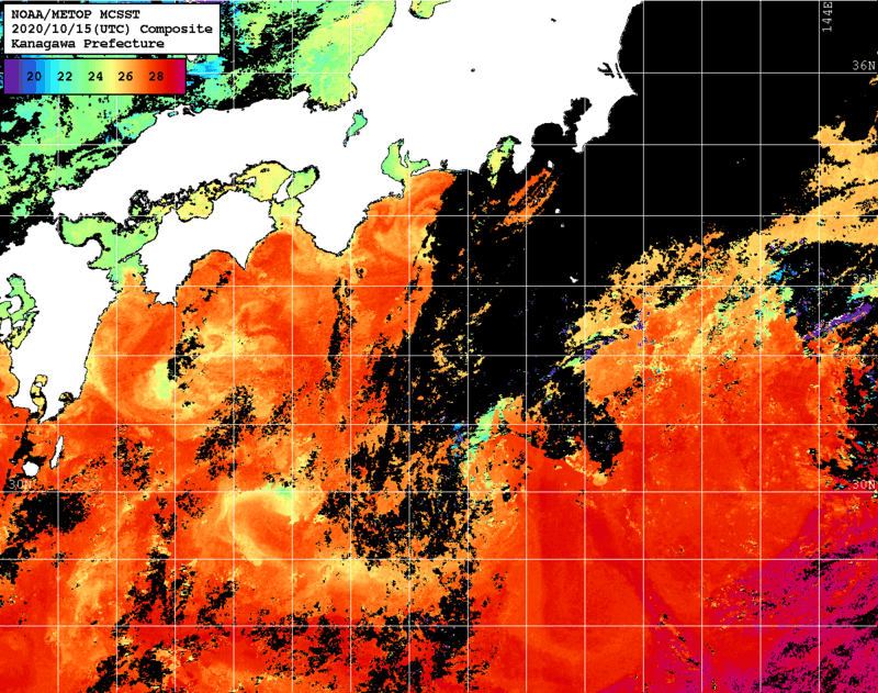 NOAA、MetOp 人工衛星画像 検索結果, 水温分布を図示