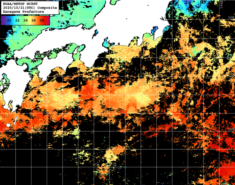NOAA、MetOp 人工衛星画像 検索結果, 水温分布を図示