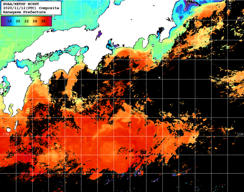 NOAA、MetOp 人工衛星画像 検索結果, 水温分布を図示