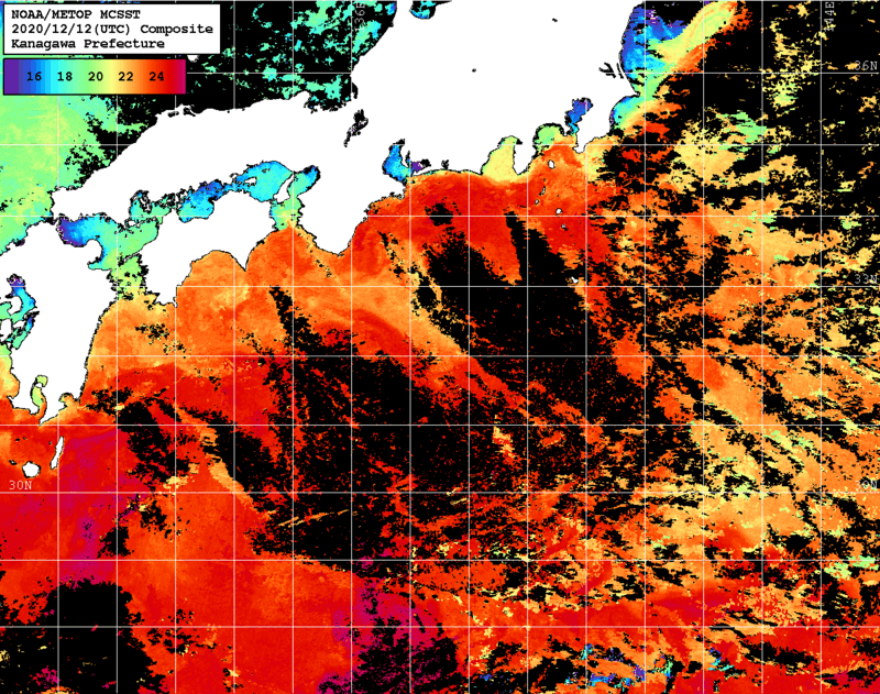 NOAA、MetOp 人工衛星画像 検索結果, 水温分布を図示