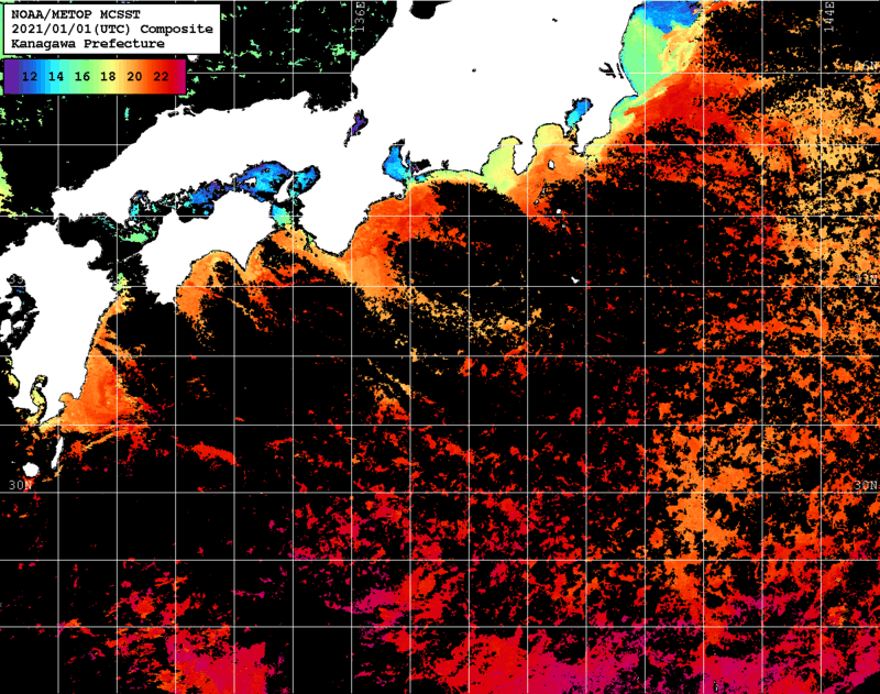 NOAA、MetOp 人工衛星画像 検索結果, 水温分布を図示