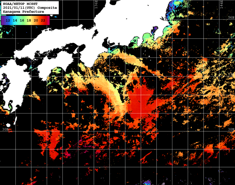 NOAA、MetOp 人工衛星画像 検索結果, 水温分布を図示