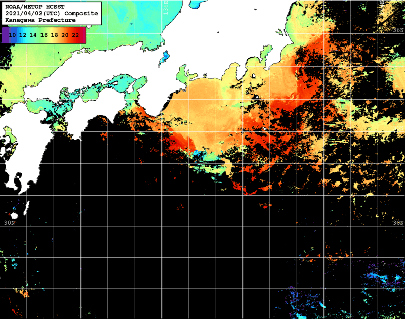 NOAA、MetOp 人工衛星画像 検索結果, 水温分布を図示