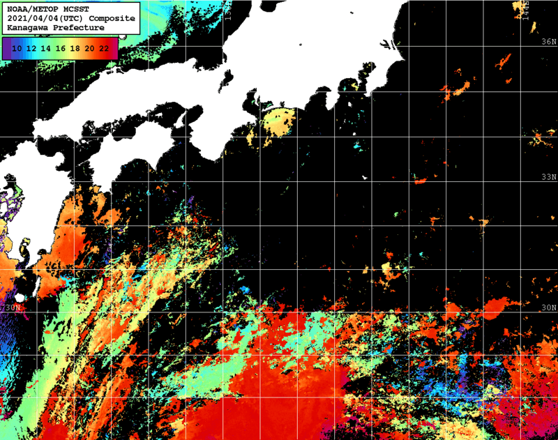 NOAA、MetOp 人工衛星画像 検索結果, 水温分布を図示