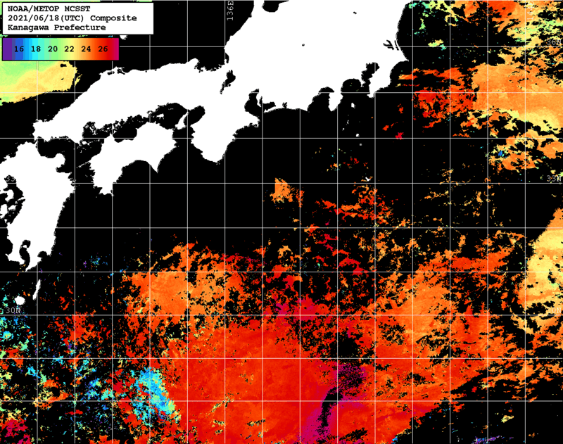 NOAA、MetOp 人工衛星画像 検索結果, 水温分布を図示