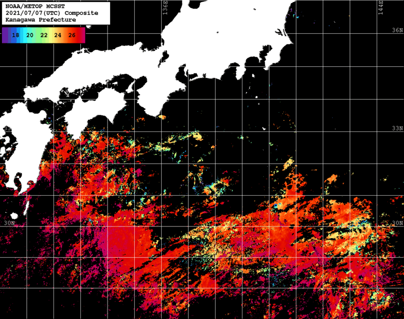 NOAA、MetOp 人工衛星画像 検索結果, 水温分布を図示
