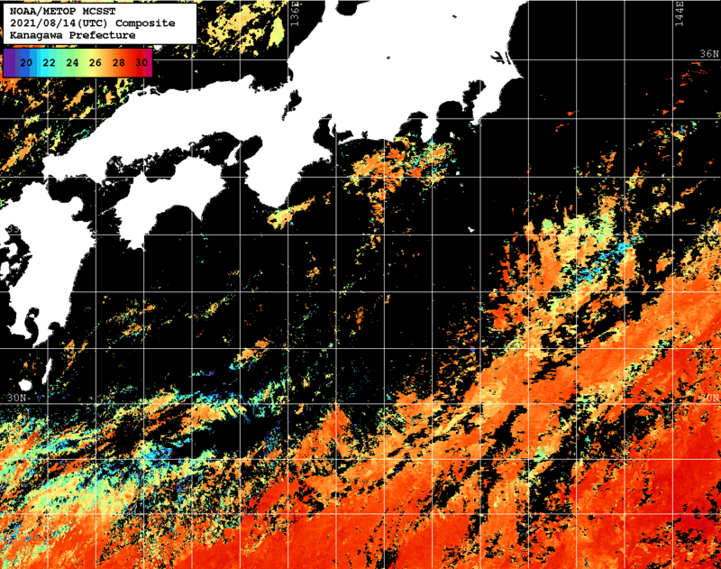 NOAA、MetOp 人工衛星画像 検索結果, 水温分布を図示