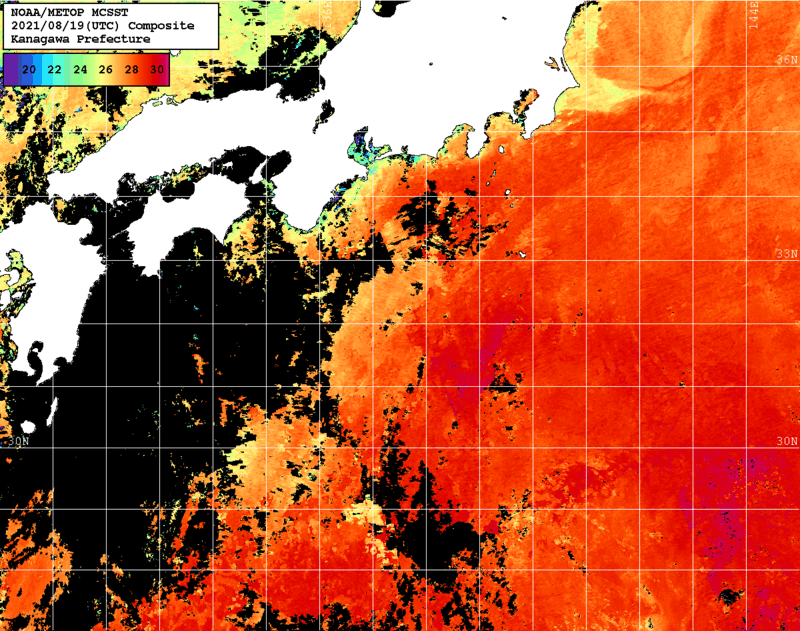 NOAA、MetOp 人工衛星画像 検索結果, 水温分布を図示