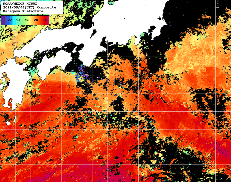 NOAA、MetOp 人工衛星画像 検索結果, 水温分布を図示
