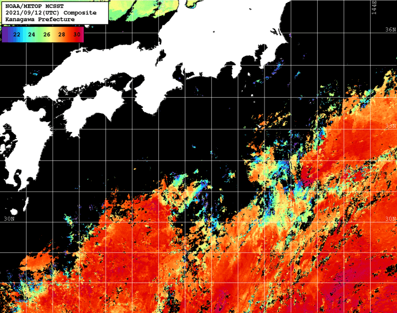 NOAA、MetOp 人工衛星画像 検索結果, 水温分布を図示