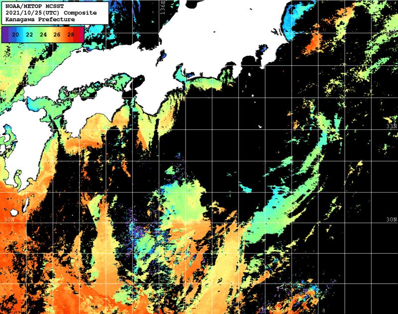 NOAA、MetOp 人工衛星画像 検索結果, 水温分布を図示