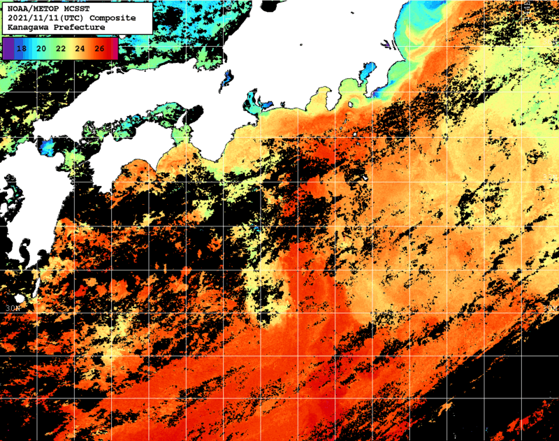 NOAA、MetOp 人工衛星画像 検索結果, 水温分布を図示