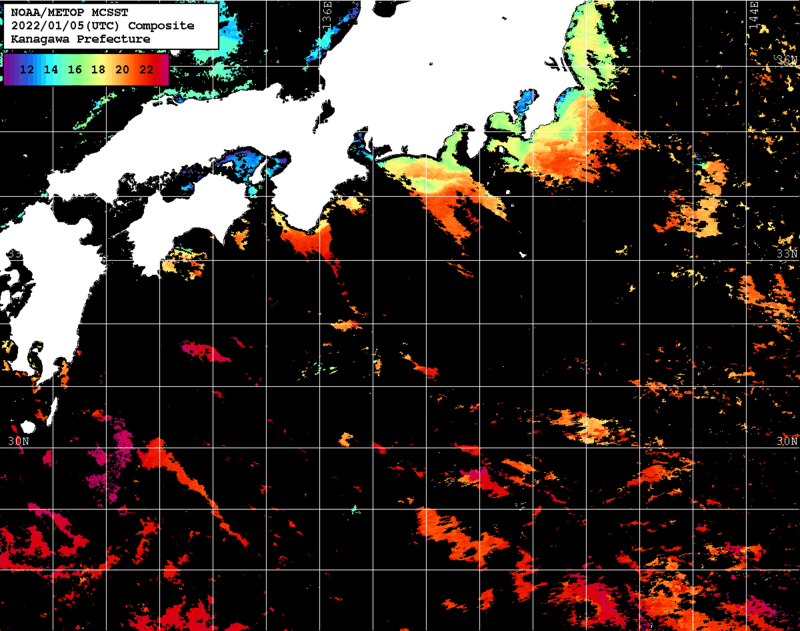 NOAA、MetOp 人工衛星画像 検索結果, 水温分布を図示