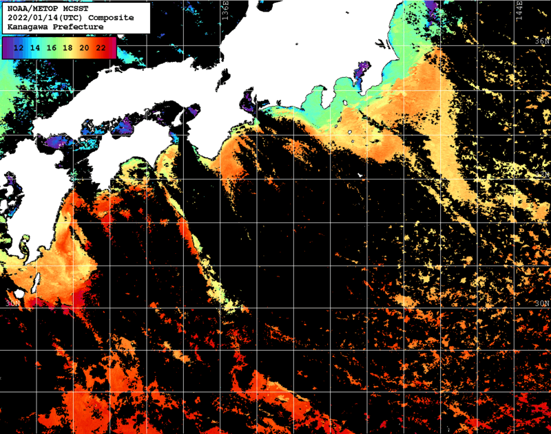 NOAA、MetOp 人工衛星画像 検索結果, 水温分布を図示