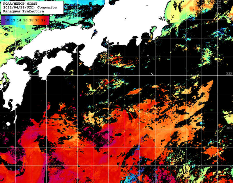 NOAA、MetOp 人工衛星画像 検索結果, 水温分布を図示