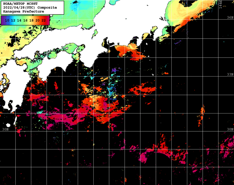 NOAA、MetOp 人工衛星画像 検索結果, 水温分布を図示