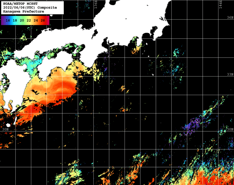 NOAA、MetOp 人工衛星画像 検索結果, 水温分布を図示