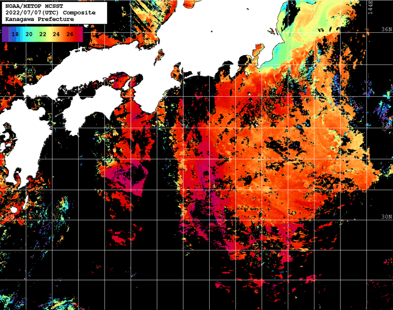 NOAA、MetOp 人工衛星画像 検索結果, 水温分布を図示