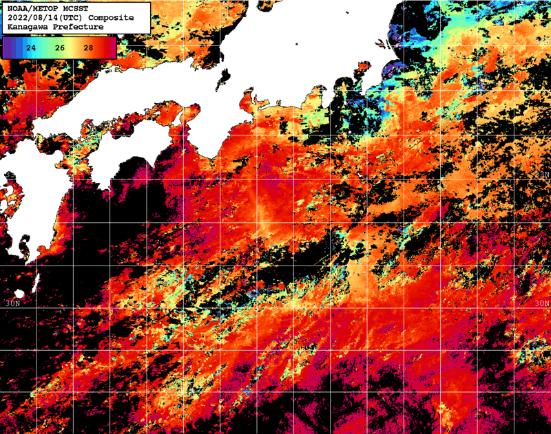 NOAA、MetOp 人工衛星画像 検索結果, 水温分布を図示
