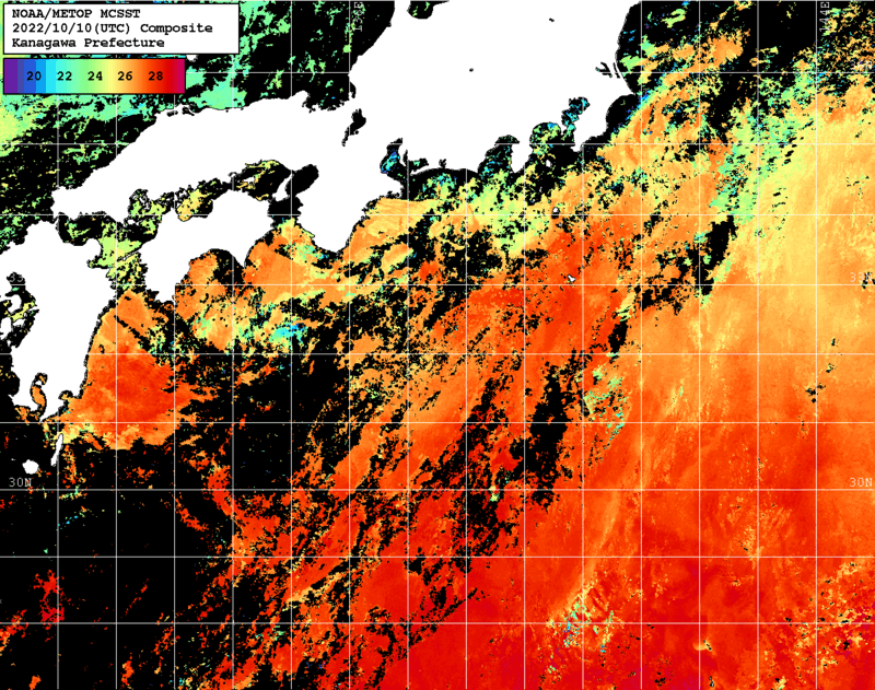 NOAA、MetOp 人工衛星画像 検索結果, 水温分布を図示