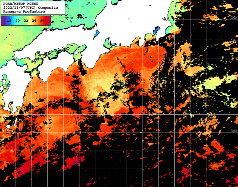 NOAA、MetOp 人工衛星画像 検索結果, 水温分布を図示