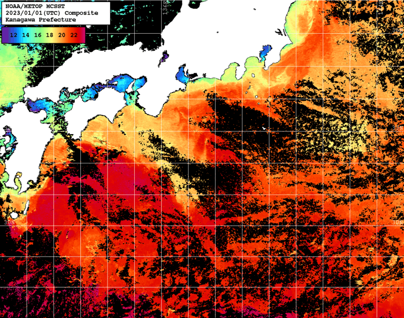 NOAA、MetOp 人工衛星画像 検索結果, 水温分布を図示