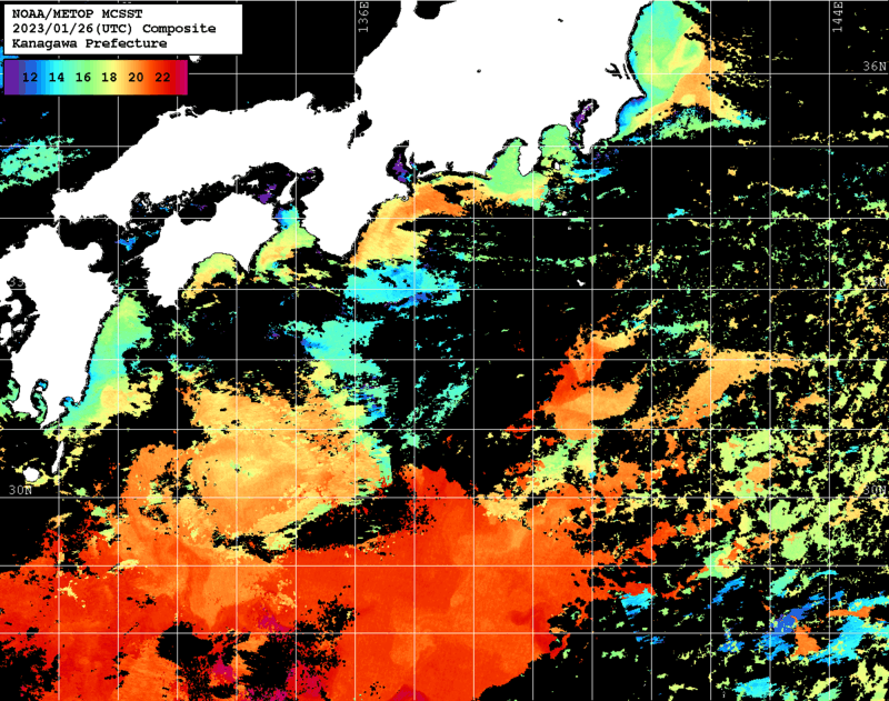 NOAA、MetOp 人工衛星画像 検索結果, 水温分布を図示