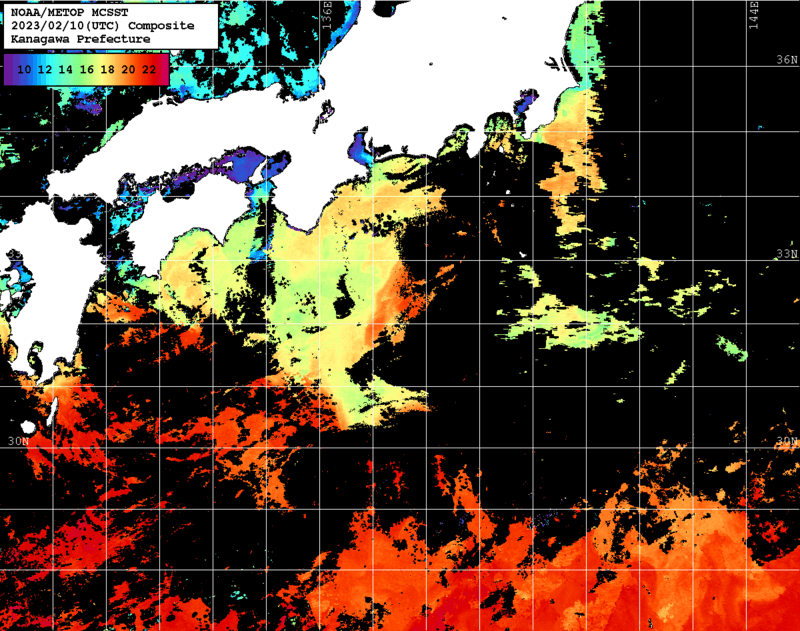 NOAA、MetOp 人工衛星画像 検索結果, 水温分布を図示
