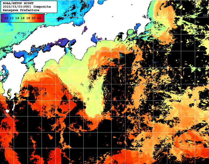 NOAA、MetOp 人工衛星画像 検索結果, 水温分布を図示