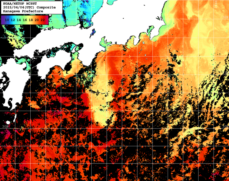 NOAA、MetOp 人工衛星画像 検索結果, 水温分布を図示