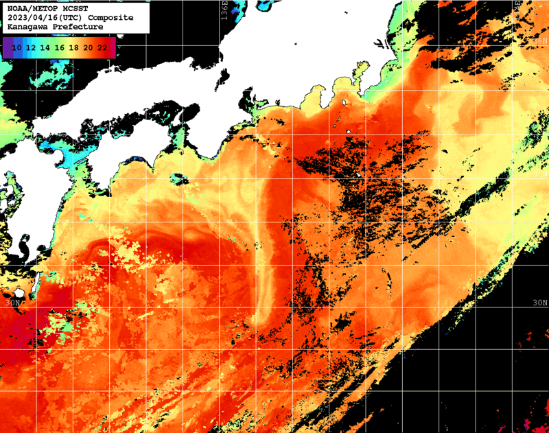 NOAA、MetOp 人工衛星画像 検索結果, 水温分布を図示