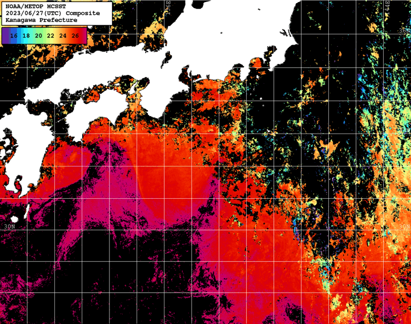 NOAA、MetOp 人工衛星画像 検索結果, 水温分布を図示