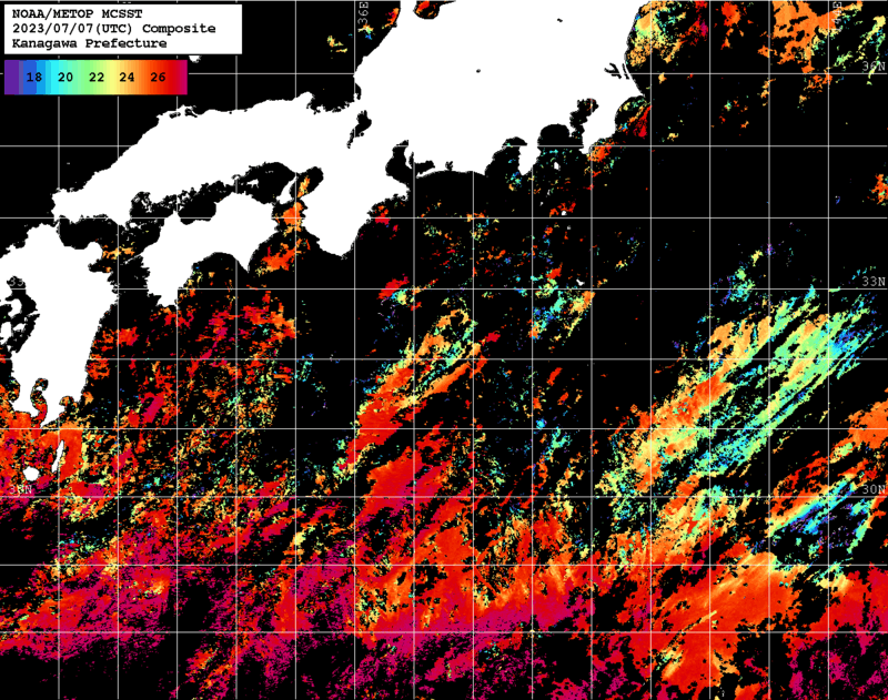 NOAA、MetOp 人工衛星画像 検索結果, 水温分布を図示