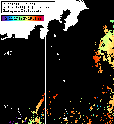 NOAA、MetOp 人工衛星画像 検索結果, 水温分布を図示