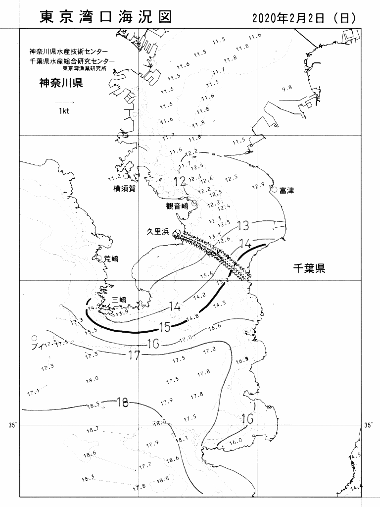 海況図, 東京湾口海況図 検索結果, (水温分布 等を図示)