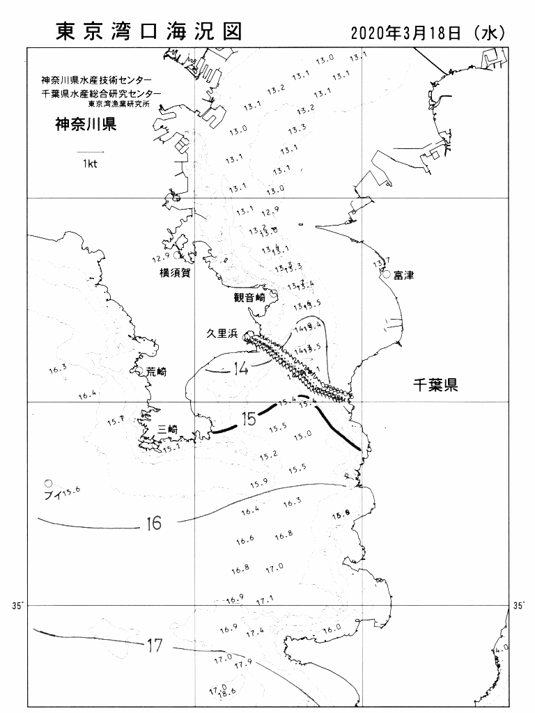 海況図, 東京湾口海況図 検索結果, (水温分布 等を図示)